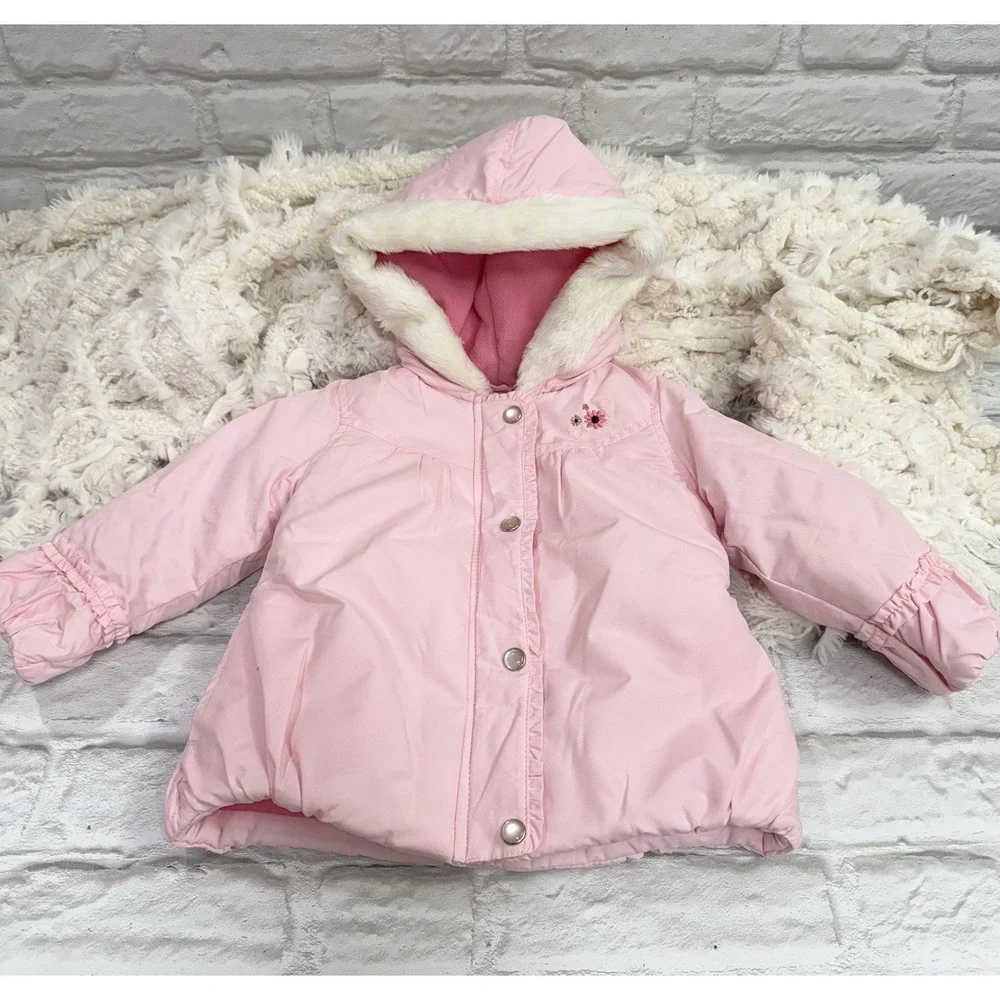 Carters Baby Girls 24M Pink Puffer‎ Jacket Coat  Embroidered Flowers Fur Hood